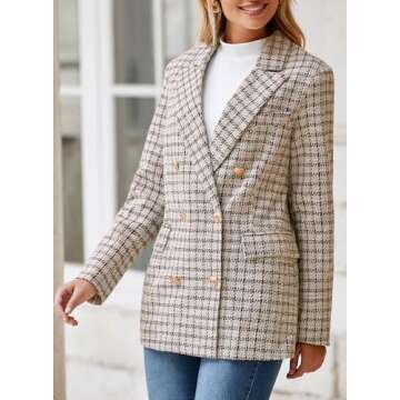 Happy Sailed Womens Plaid Blazers Dressy Casual Fashion Work Suits Long Sleeve Double Breasted Open Front Oversized Tweed Blazer Jackets Professional Outfits for Work Brown S