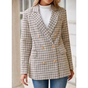 Happy Sailed Womens Plaid Blazers Dressy Casual Fashion Work Suits Long Sleeve Double Breasted Open Front Oversized Tweed Blazer Jackets Professional Outfits for Work Brown S