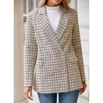 Happy Sailed Womens Plaid Blazers Dressy Casual Fashion Work Suits Long Sleeve Double Breasted Open Front Oversized Tweed Blazer Jackets Professional Outfits for Work Brown S