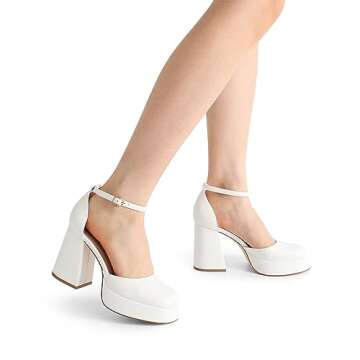 DREAM PAIRS Women's Chunky Platform High Heels Closed Toe Block Ankle Strap Dress Wedding Party Pumps Shoes,Size 11,White-Pu,SDPU2372W