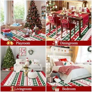 U'Artlines Christmas Washable Area Rug 5 X 7 ft Colorful Christmas Tree Deer Bell Laundry Rug Runner Non Slip Winter Soft Throw Rugs Carpet for Entryway Living Room Bedroom