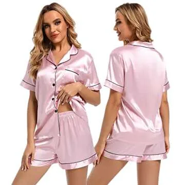 Finvizo Womens Silk Satin Pajamas Set: Soft Short Sleeve Two-piece Pjs Silky Button-down Sleepwear L...