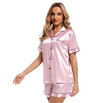 Finvizo Womens Silk Satin Pajamas Set: Soft Short Sleeve Two-piece Pjs Silky Button-down Sleepwear Loungewear Shorts Set,Pink XL