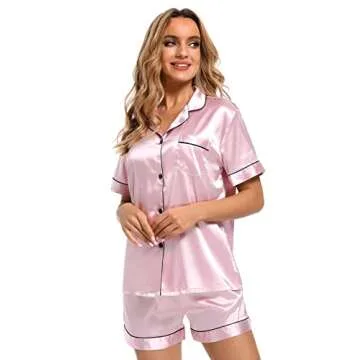 Finvizo Womens Silk Satin Pajamas Set: Soft Short Sleeve Two-piece Pjs Silky Button-down Sleepwear Loungewear Shorts Set,Pink XL