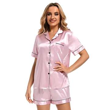 Finvizo Womens Silk Satin Pajamas Set: Soft Short Sleeve Two-piece Pjs Silky Button-down Sleepwear Loungewear Shorts Set,Pink XL