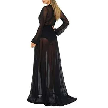 Women's Black Sexy Maxi Long Sleeve Swimsuit Swim Bathing Beach Maxi Cover Up Dress L