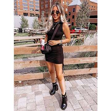 BTFBM Women Sleeveless Bodycon Ruched Short Dress Side Drawstring Solid Crew Neck Casual Summer Tank...