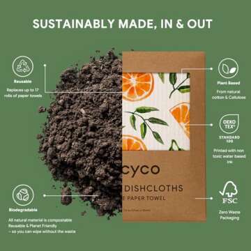 RECYCO Swedish Dishcloths for Kitchen | 5 Pack Washable Dish Rags | Cellulose Reusable Cleaning Paper Towels | Absorbent Counter Dish Cloth Sponge Kitchen Wipes, 8" L x 7" W