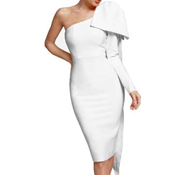 UONBOX Women's One Shoulder Bowknot Long Sleeve Bodycon Knee Length Club Party Bandage Dress (Small, White)