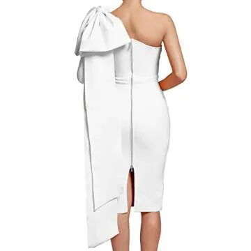 UONBOX Women's One Shoulder Bowknot Long Sleeve Bodycon Knee Length Club Party Bandage Dress (Small, White)