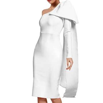 UONBOX Women's One Shoulder Bowknot Long Sleeve Bodycon Knee Length Club Party Bandage Dress (Small, White)