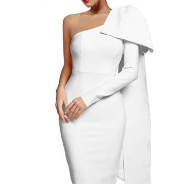 UONBOX Women's One Shoulder Bowknot Long Sleeve Bodycon Knee Length Club Party Bandage Dress (Small, White)