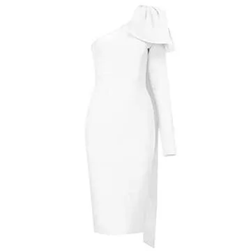 UONBOX Women's One Shoulder Bowknot Long Sleeve Bodycon Knee Length Club Party Bandage Dress (Small, White)