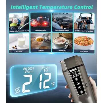 BLONGKY Portable Electric Car Kettle: 12V/24V Kettle Mini Water Boiler for Car Heated Travel Mug,Smart Precision Temperature Adjustment Coffee Tea Truck Cup with Handy Kettle Bag (Taupe, 400ML)