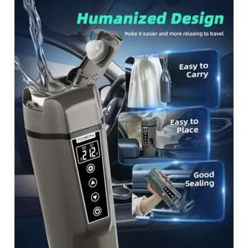 BLONGKY Portable Electric Car Kettle: 12V/24V Kettle Mini Water Boiler for Car Heated Travel Mug,Smart Precision Temperature Adjustment Coffee Tea Truck Cup with Handy Kettle Bag (Taupe, 400ML)