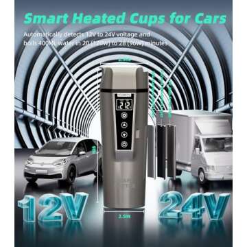 BLONGKY Portable Electric Car Kettle: 12V/24V Kettle Mini Water Boiler for Car Heated Travel Mug,Smart Precision Temperature Adjustment Coffee Tea Truck Cup with Handy Kettle Bag (Taupe, 400ML)