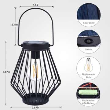 Kelvinlux Solar Lantern Outdoor Hanging 2PK, Solar Powered Metal Light with Handle, Waterproof Wireless Warm Retro Bulb Design Lamp for Yard Garden Patio Fence Porch Decor