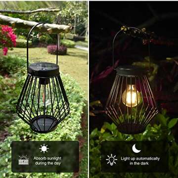 Kelvinlux Solar Lantern Outdoor Hanging 2PK, Solar Powered Metal Light with Handle, Waterproof Wireless Warm Retro Bulb Design Lamp for Yard Garden Patio Fence Porch Decor