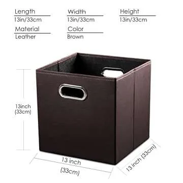 PRANDOM Leather Foldable Cube Storage Bins 13x13 inch [4-Pack] Fabric Storage Baskets Cubes Drawer with Cotton Handles Organizer for Shelves Nursery Closet Bedroom Clothes Brown