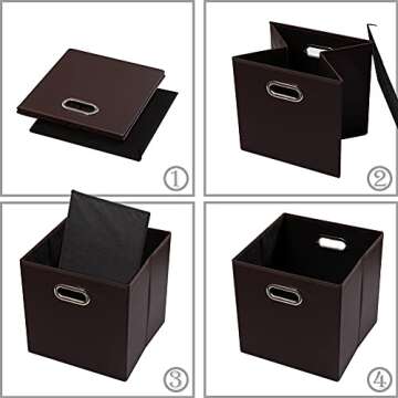PRANDOM Leather Foldable Cube Storage Bins 13x13 inch [4-Pack] Fabric Storage Baskets Cubes Drawer with Cotton Handles Organizer for Shelves Nursery Closet Bedroom Clothes Brown