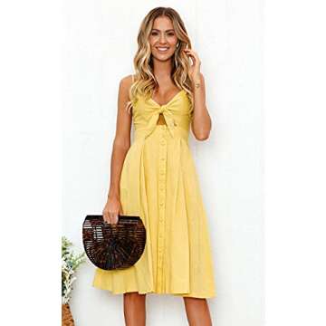 ECOWISH Women 2023 Summer Dresses Tie Front V-Neck Spaghetti Strap Button Down A-Line Backless Swing Midi Dress Yellow M