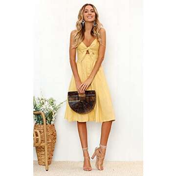 ECOWISH Women 2023 Summer Dresses Tie Front V-Neck Spaghetti Strap Button Down A-Line Backless Swing Midi Dress Yellow M