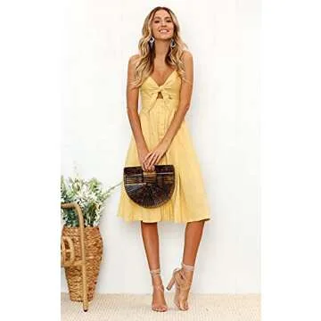 ECOWISH Women 2023 Summer Dresses Tie Front V-Neck Spaghetti Strap Button Down A-Line Backless Swing Midi Dress Yellow M
