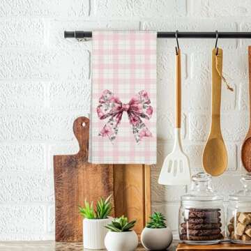 WAITPI Pink Bows Cute Kitchen Bathroom Towels Decor, Preppy Chinoiserie Bows Dish Hand Towels for Ki...