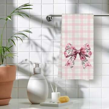 WAITPI Pink Bows Cute Kitchen Bathroom Towels Decor, Preppy Chinoiserie Bows Dish Hand Towels for Kitchen Drying Bathroom College Students Dorm, Trendy Preppy Gifts Towels for Women Girls 16x24 Inch
