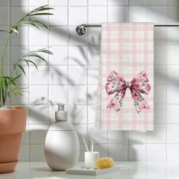 WAITPI Pink Bows Cute Kitchen Bathroom Towels Decor, Preppy Chinoiserie Bows Dish Hand Towels for Kitchen Drying Bathroom College Students Dorm, Trendy Preppy Gifts Towels for Women Girls 16x24 Inch