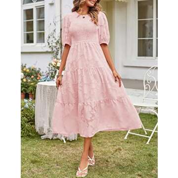 MEROKEETY Summer Dress for Women Elegant Smocked Short Puff Sleeve Floral Solid Midi Maxi Dresses,Pi...