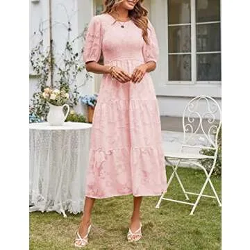 MEROKEETY Summer Dress for Women Elegant Smocked Short Puff Sleeve Floral Solid Midi Maxi Dresses,Pink,M