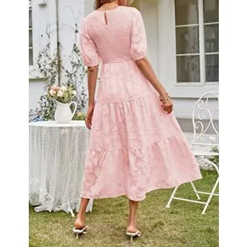 MEROKEETY Summer Dress for Women Elegant Smocked Short Puff Sleeve Floral Solid Midi Maxi Dresses,Pink,M