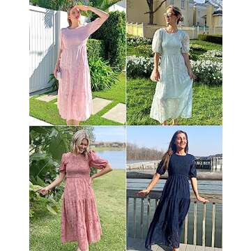MEROKEETY Summer Dress for Women Elegant Smocked Short Puff Sleeve Floral Solid Midi Maxi Dresses,Pink,M