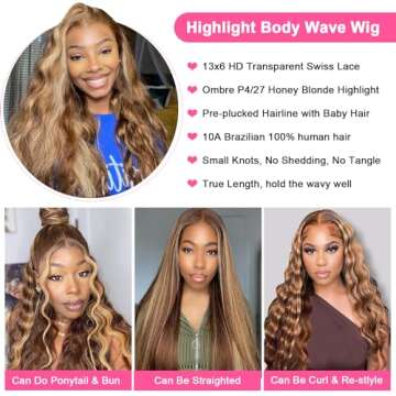 Kucmir 13x6 Highlight Ombre Lace Front Wig Human Hair 22 Inch Body Wave Honey Blonde Glueless Pre Plucked HD Lace Front Wigs for Women 180 Density