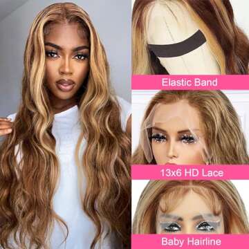 Kucmir 13x6 Highlight Ombre Lace Front Wig Human Hair 22 Inch Body Wave Honey Blonde Glueless Pre Plucked HD Lace Front Wigs for Women 180 Density