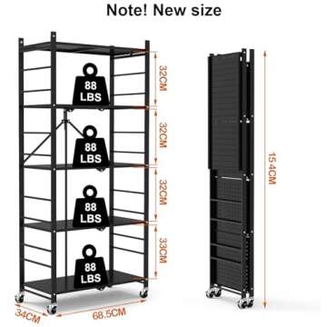 Himix Storage Shelves with 20 Hooks, 5-Tier Collapsible Organization Storage Rack Bookshelf Folding Pantry Shelves Cube Shelf Wire Shelving Holds 440 Ibs for Garage Kitchen Room