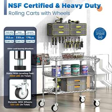 Leteuke 3 Tier Rolling Carts with Wheels,990Lbs Heavy Duty Rolling Utility Cart,NSF Commercial Grade...