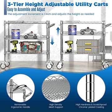 Leteuke 3 Tier Rolling Carts with Wheels,990Lbs Heavy Duty Rolling Utility Cart,NSF Commercial Grade Metal Cart with Handle&Shelf Liner,Trolley Serving Cart for Kitchen,Restaurant,Plant Display,Chrome