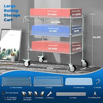 Leteuke 3 Tier Rolling Carts with Wheels,990Lbs Heavy Duty Rolling Utility Cart,NSF Commercial Grade Metal Cart with Handle&Shelf Liner,Trolley Serving Cart for Kitchen,Restaurant,Plant Display,Chrome