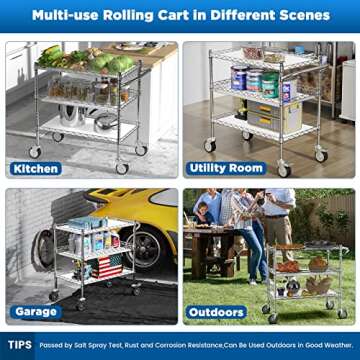 Leteuke 3 Tier Rolling Carts with Wheels,990Lbs Heavy Duty Rolling Utility Cart,NSF Commercial Grade Metal Cart with Handle&Shelf Liner,Trolley Serving Cart for Kitchen,Restaurant,Plant Display,Chrome