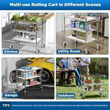 Leteuke 3 Tier Rolling Carts with Wheels,990Lbs Heavy Duty Rolling Utility Cart,NSF Commercial Grade Metal Cart with Handle&Shelf Liner,Trolley Serving Cart for Kitchen,Restaurant,Plant Display,Chrome