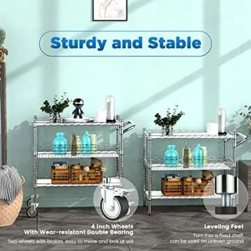 Leteuke 3 Tier Rolling Carts with Wheels,990Lbs Heavy Duty Rolling Utility Cart,NSF Commercial Grade Metal Cart with Handle&Shelf Liner,Trolley Serving Cart for Kitchen,Restaurant,Plant Display,Chrome