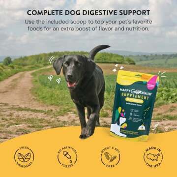 Happy Go Healthy Dog Gut Health Probiotics Supplement | Improves Digestive Health and Immune System Support for Dogs and Puppies | All Natural Ingredients Tasty Kibble Dog Food Topper | 60 Count Pack