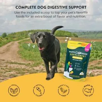 Happy Go Healthy Dog Gut Health Probiotics Supplement | Improves Digestive Health and Immune System Support for Dogs and Puppies | All Natural Ingredients Tasty Kibble Dog Food Topper | 60 Count Pack