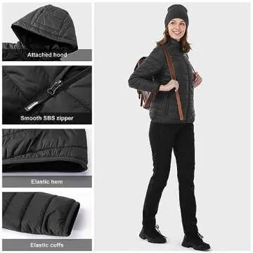 Outdoor Ventures Women's Packable Lightweight Full-Zip Puffer Jacket with Hood Quilted Winter Coat