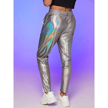 GORGLITTER Men's Metallic Holographic Tapered Pants Drawstring Waist Slant Pockets Long Pants Sliver Small