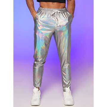 GORGLITTER Men's Metallic Holographic Tapered Pants Drawstring Waist Slant Pockets Long Pants Sliver Small
