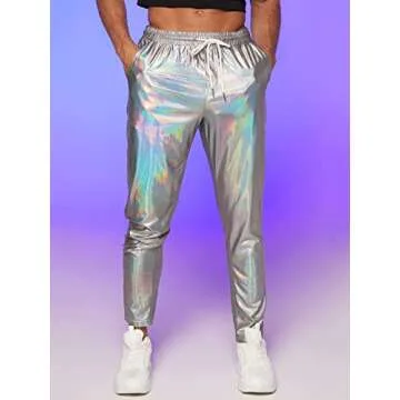 GORGLITTER Men's Metallic Holographic Tapered Pants Drawstring Waist Slant Pockets Long Pants Sliver Small