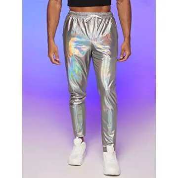 GORGLITTER Men's Metallic Holographic Tapered Pants Drawstring Waist Slant Pockets Long Pants Sliver Small